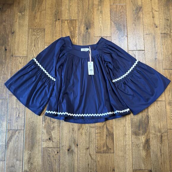 Vineyard Vines Tops - NWT VINEYARD VINES Ric Rac Bell Sleeve Blouse Navy White Embriodery Wmns Sz XXS